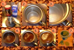 Author: Oliver Merkel, via Wikipedia Commons Preparation of mocha coffee (Turkish Coffee). 1: Ground coffee, water, sugar, and heat source. 2, 3: heat the water till it starts bubbling. 4: add coffee. 5: continue heating and mixing. 6: heat until the mixture starts to rise, then take off the heat source to settle it down while mixing the upper part (repeated many times). This creates a foamy top. 7: pour and serve hot